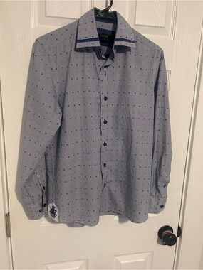 COOGI Luxe Light Blue Dress Shirt with Navy Dot Pattern
